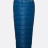 שק שינה פוך Rab Ascent Pro 600 בצבע כחול, עם בטנה צהובה נראית בברדס