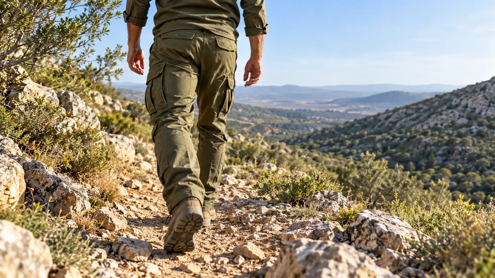 מטייל במכנסי קרגו ירוקים הולך בשביל סלעי בהרים